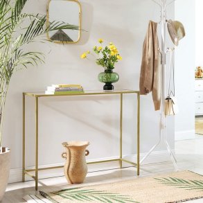 Konsolbord - sidebord med h�rdet glas og gyldent stel 100x35x80