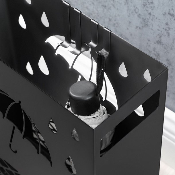 Paraplystativ med kroge og drypbakke - sort paraplyholder