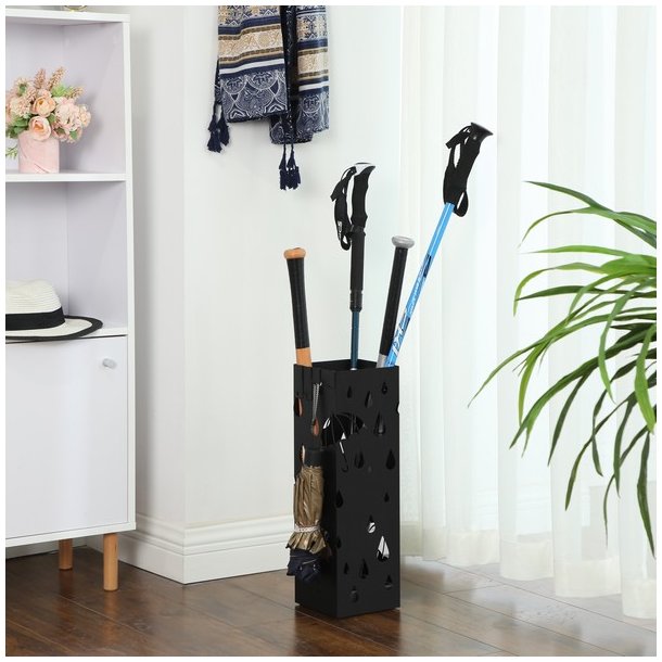 Paraplystativ med kroge og drypbakke - sort paraplyholder