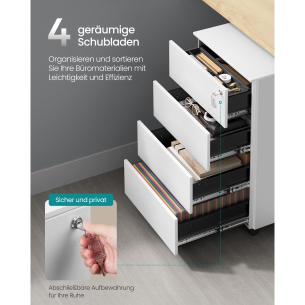 Arkivskab p hjul med ls og 4 skuffer - hvid 39x45x69,3 cm