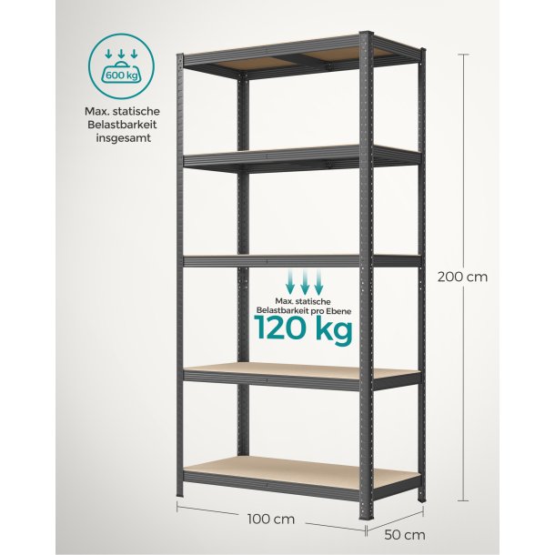 St�lreol med 5 hylder - delbar lagerreol - brun 200 x 100 x 50