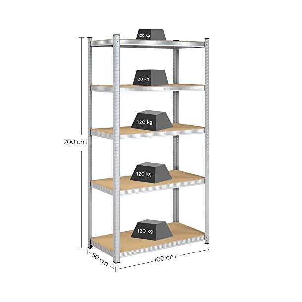 St�lreol med 5 hylder - delbar lagerreol - s�lv 200 x 100 x 50