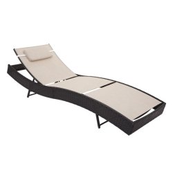 Polyrattan solseng - sort polyrattan liggestol med creme/hvid stof