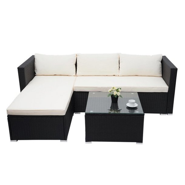 Lounges�t - sorte polyrattan siddegruppe med creme hvide hynder
