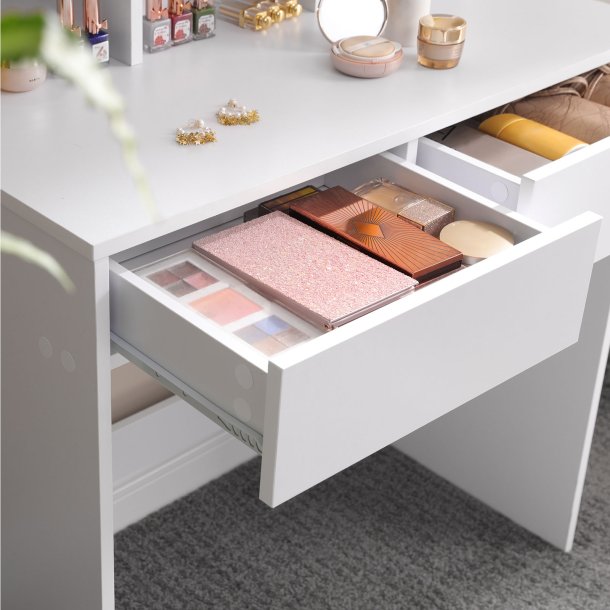 Makeupbord - sminkebord med spejl, skuffer og hylde - hvid
