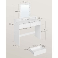 Makeupbord - sminkebord med spejl, hylde og skuffer - hvid