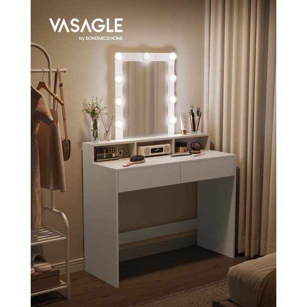 Makeupbord - sminkebord med spejl, hylde og skuffer - hvid