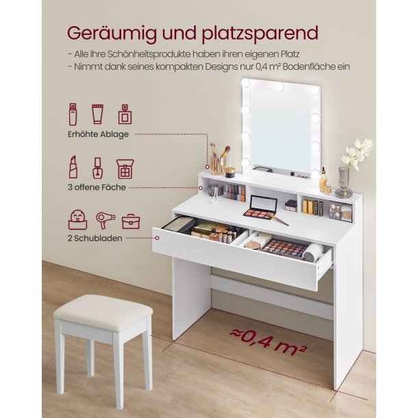 Makeupbord - sminkebord med spejl, hylde og skuffer - hvid