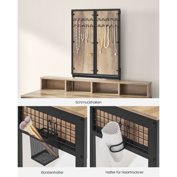 Makeupbord med skammel, spejl og skuffer - ege brun