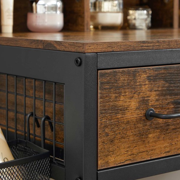 Makeupbord med skammel, spejl og skuffer - rustik brun