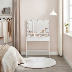 Makeupbord - sminkebord med lys, spejl og skuffer - hvid