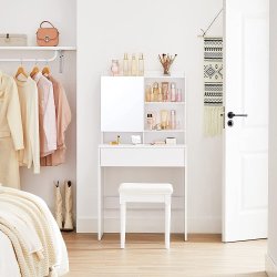 Makeupbord - sminkebord med spejl, skuffe og hylder - hvid