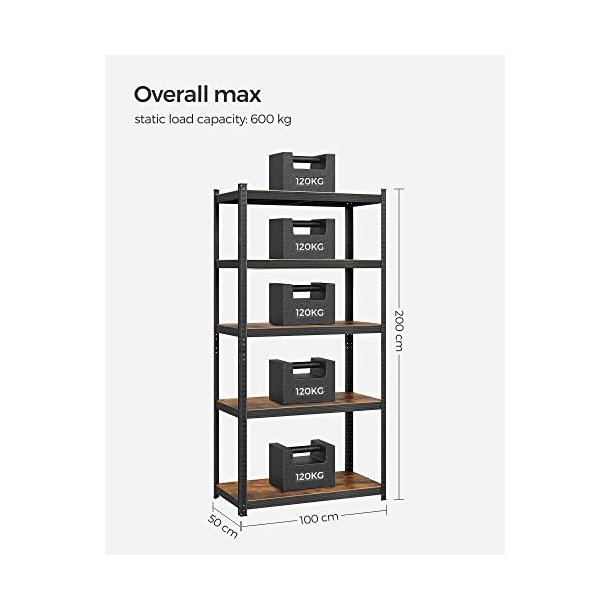 St�lreol med 5 hylder - lagerreol - sort reol 200 x 100 x 50
