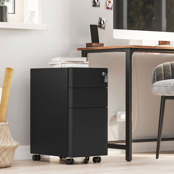 Arkivskab p hjul med ls og 3 skuffer - sort 30x46x59,2 cm