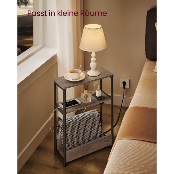 Sidebord med str�mstik - smal slank sengebord - gr� beige
