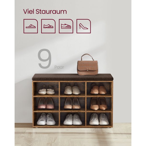 Skob�nk - siddeb�nk med skohylder - entreb�nk med skorum - rustik brun