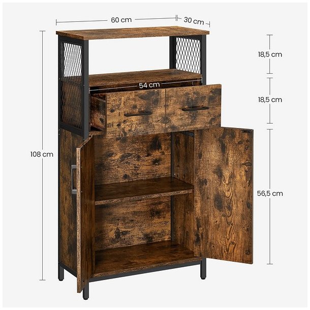 Sk�nk med skab og skuffe - rustik brun opbevaringsskab 60x30x108