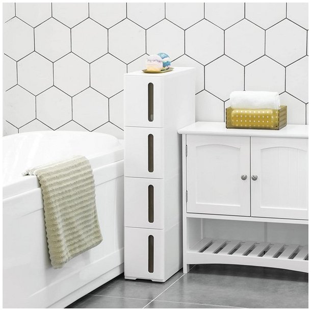 Opbevaringsvogn - smal hvid rullevogn med 4 skuffer 45x17x84