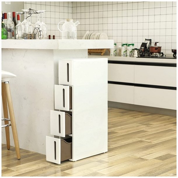 Opbevaringsvogn - smal hvid rullevogn med 4 skuffer 45x17x84