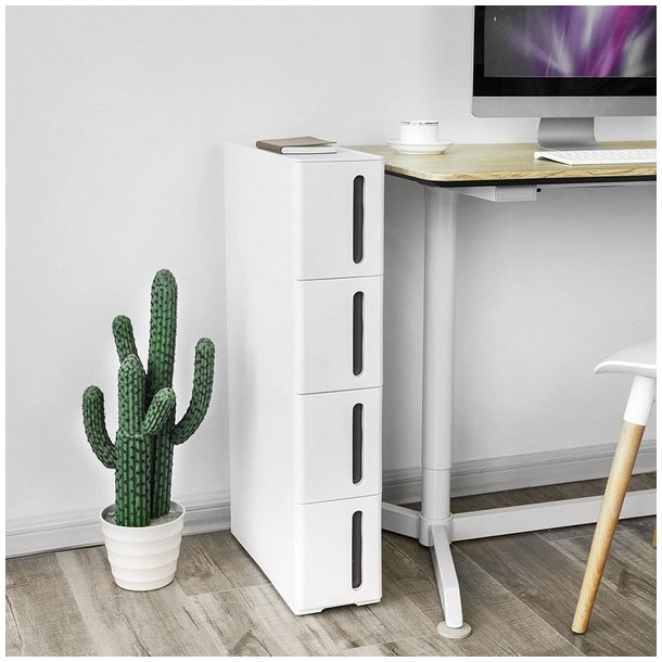 Opbevaringsvogn - smal hvid rullevogn med 4 skuffer 45x17x84