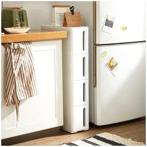 Opbevaringsvogn - smal hvid rullevogn med 4 skuffer 45x17x84