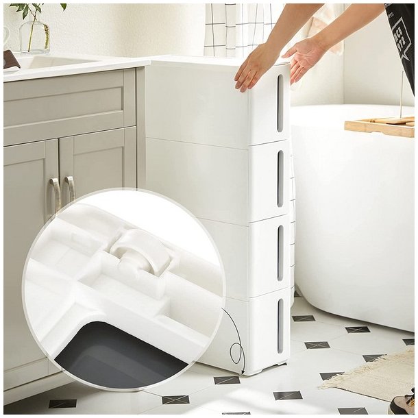 Opbevaringsvogn - smal hvid rullevogn med 4 skuffer 45x17x84