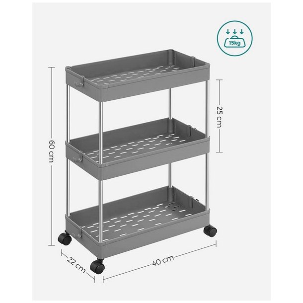 Rullevogn - gr� opbevaringsvogn med 3 hylder 40 x 22 x 60