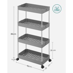 Rullevogn - gr� opbevaringsvogn med 4 hylder 40 x 22 x 86