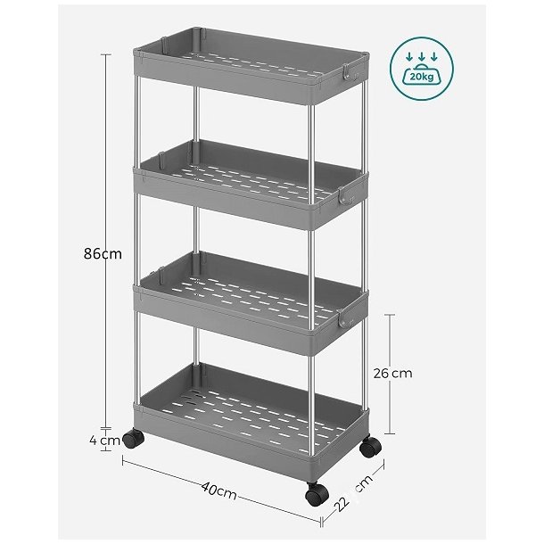 Rullevogn - gr� opbevaringsvogn med 4 hylder 40 x 22 x 86