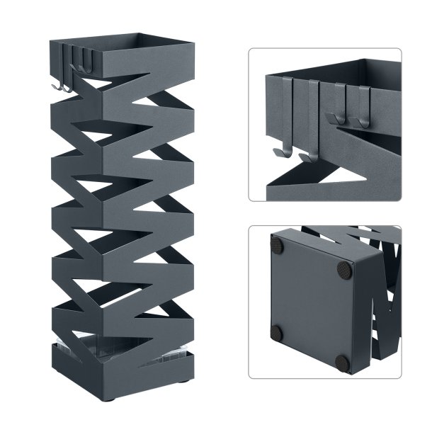 Paraplyholder med kroge og drypbakke - gr� paraplystativ