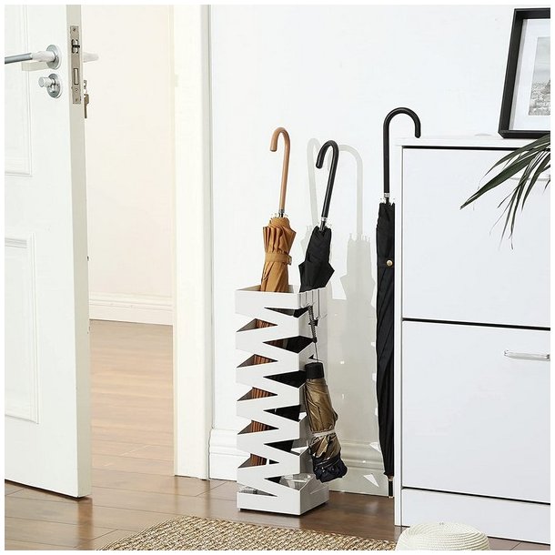 Paraplyholder med kroge og drypbakke - hvid paraplystativ