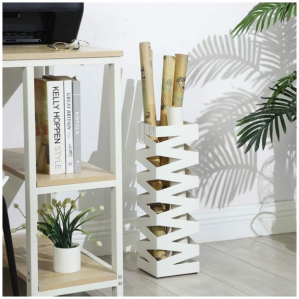 Paraplyholder med kroge og drypbakke - hvid paraplystativ