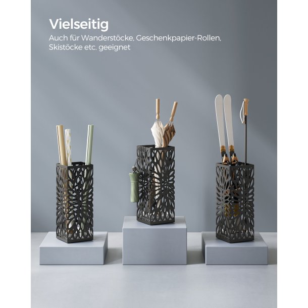 Paraplyholder med kroge og drypbakke - sort paraplystativ