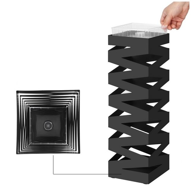 Paraplyholder med kroge og drypbakke - sort paraplystativ