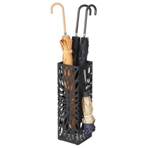 Paraplyholder med kroge og drypbakke - sort paraplystativ