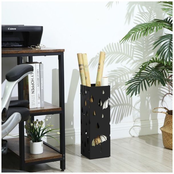 Paraplystativ med kroge og drypbakke - sort paraplyholder