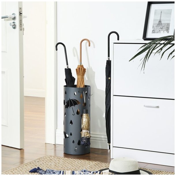 Paraplystativ med kroge og drypbakke - gr� paraplyholder