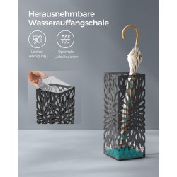 Paraplyholder med kroge og drypbakke - sort paraplystativ