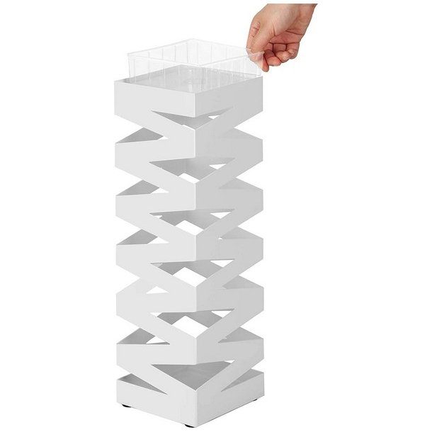 Paraplyholder med kroge og drypbakke - hvid paraplystativ