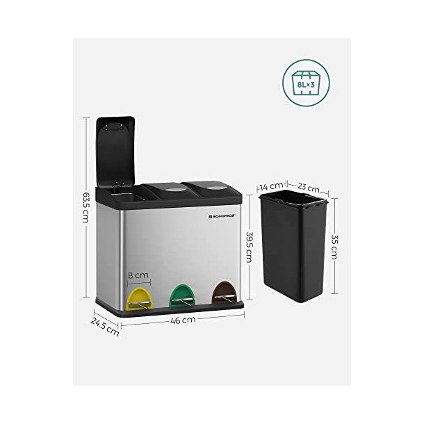 Pedal skraldespand - pedalspand med l�g - 24L (3x8L) s�lv metal