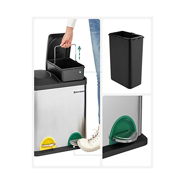 Pedal skraldespand - pedalspand med l�g - 30L (2x15L) s�lv metal