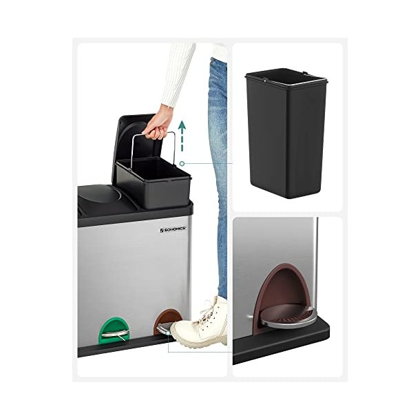 Pedalspand - skraldespand med l�g - 45L (3x15L) s�lv metal