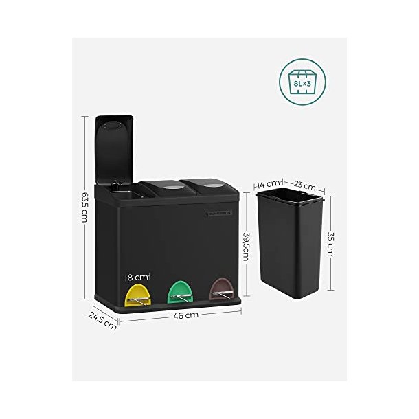 Pedal skraldespand - pedalspand med l�g - 24L (3x8L) sort metal