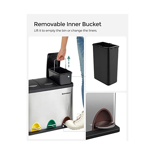 Pedal skraldespand - pedalspand med l�g - 24L (3x8L) s�lv metal