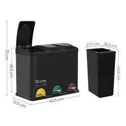 Pedalspand - skraldespand med l�g - 45L (3x15L) sort metal
