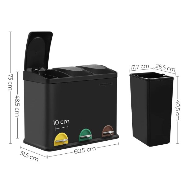 Pedalspand - skraldespand med l�g - 45L (3x15L) sort metal