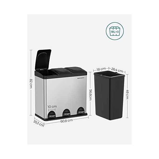 Skraldespand - pedalspand med soft close l�g - 54L (3x18) s�lv/sort