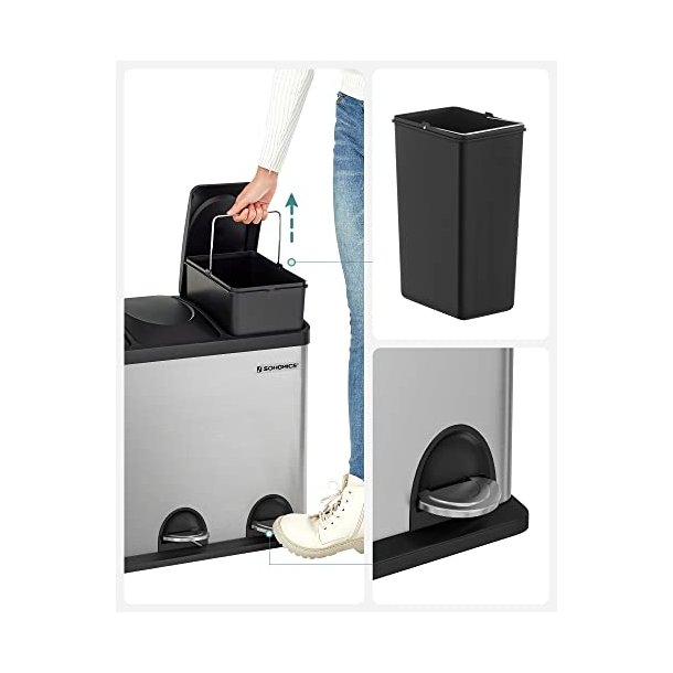 Skraldespand - pedalspand med soft close l�g - 54L (3x18) s�lv/sort