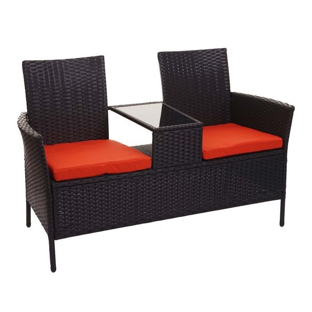 Polyrattan haveb�nk med bord - sort 2 personers havesofa 132 cm