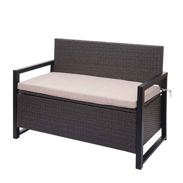 Havebnk og hyndeboks - gr polyrattan med beige hynde - 2 personer